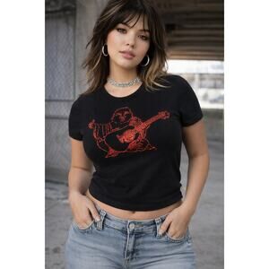 True Religion Red Sequin Buddha Logo Black Fitted Tee Mcbling y2k